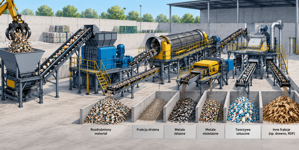 Linia recyklingu z przenośnikami taśmowymi, rozdrabniaczem, przesiewaczem i separatorami materiałów