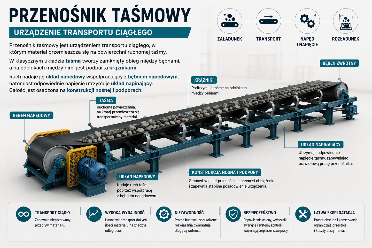 Przenośnik taśmowy – budowa i podstawowe elementy
